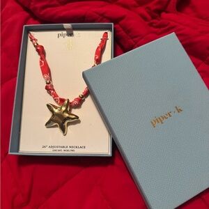 Piper •K Gold “Starfish”Necklace on a knotted scarf- nautical fun fashion!⭐️